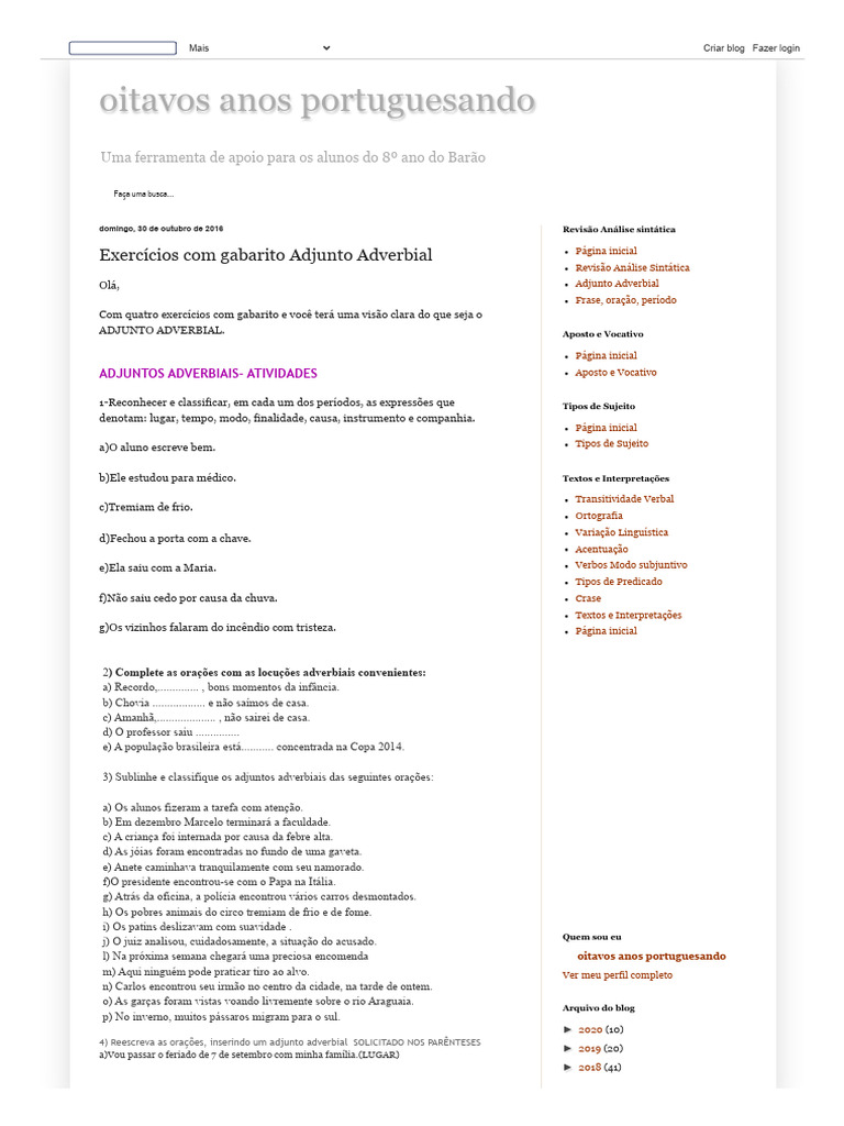 Oitavos Anos Portuguesando - Exercícios Com Gabarito Adjunto Adverbial ...