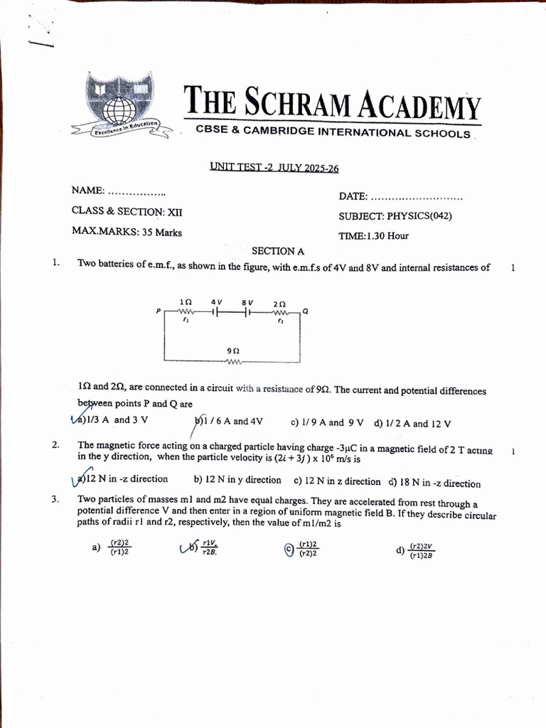 XII Physics Unit Test 2 Questions | PDF | Inductance | Inductor