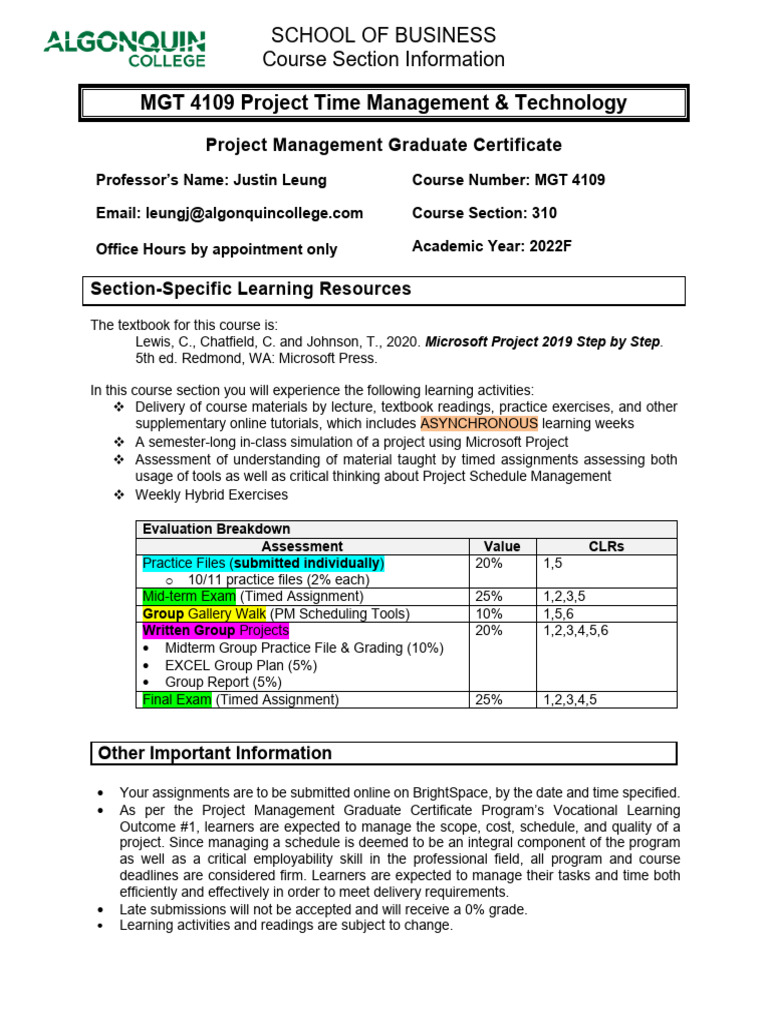 MGT 4109 Project Time Management Overview | PDF | Learning