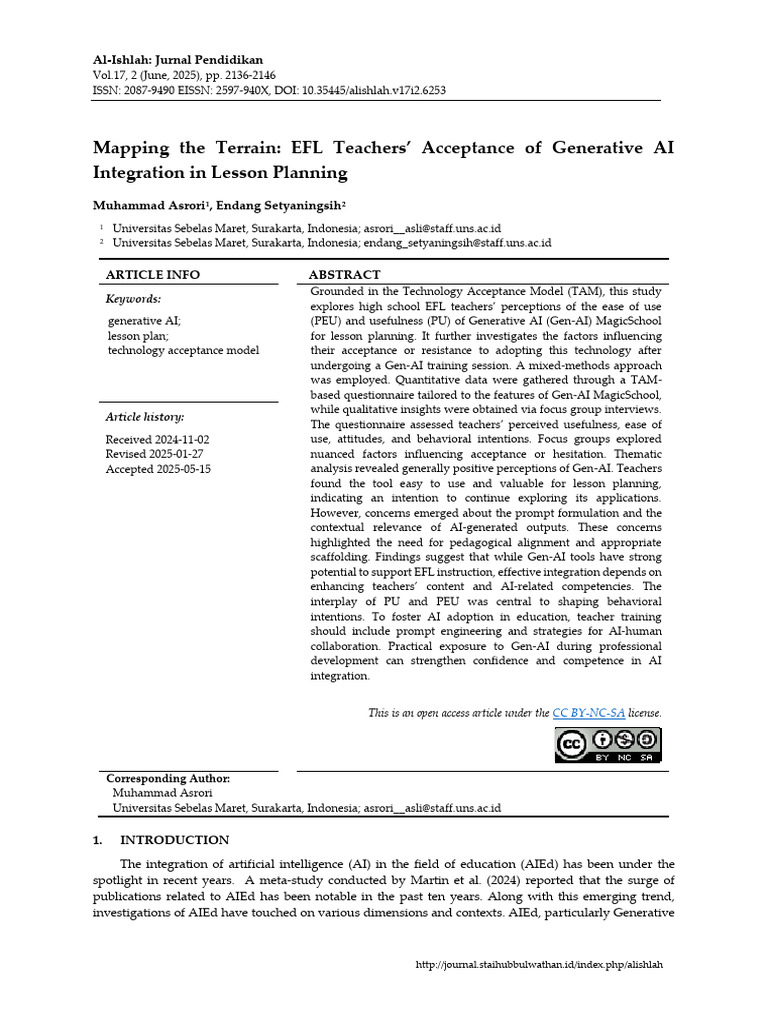 EFL Teachers' Acceptance of Generative AI | PDF | Artificial ...