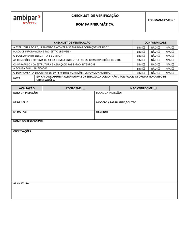 Checklist de Verificação de Bomba Pneumática | PDF