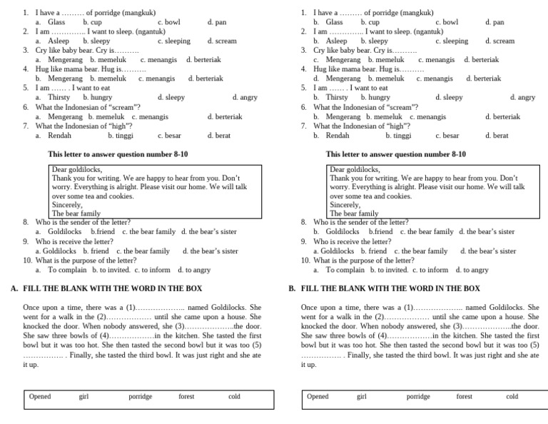 Goldilocks Vocabulary and Comprehension Quiz | PDF | Chess Theory | Chess