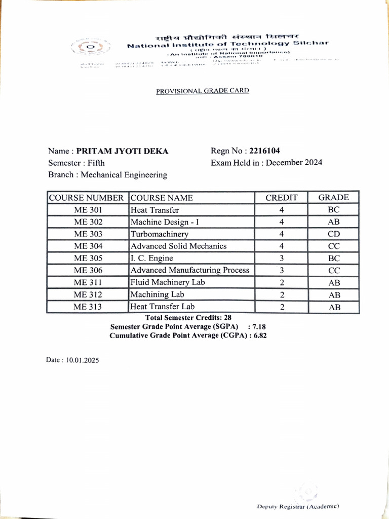 Fifth Semester Mechanical Engineering Grade Card | PDF