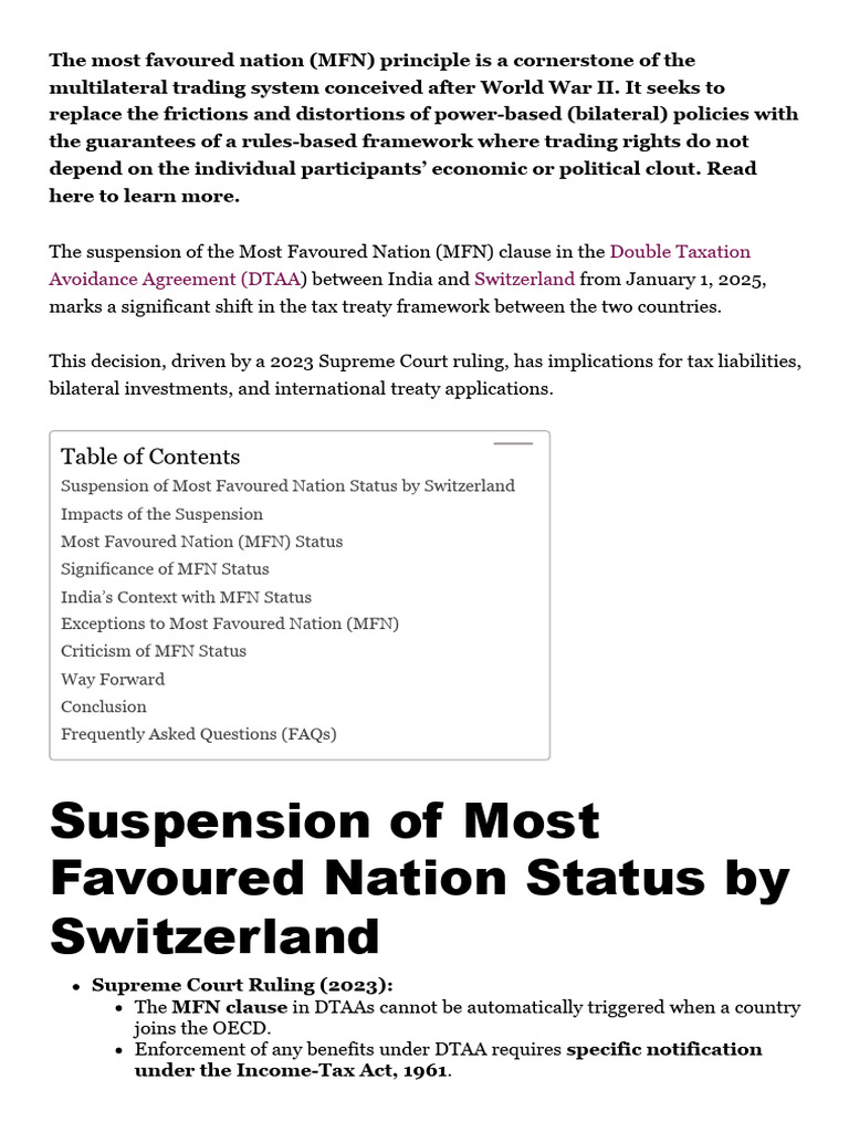 Switzerland Suspends MFN Clause in DTAA | PDF | Most Favoured Nation ...