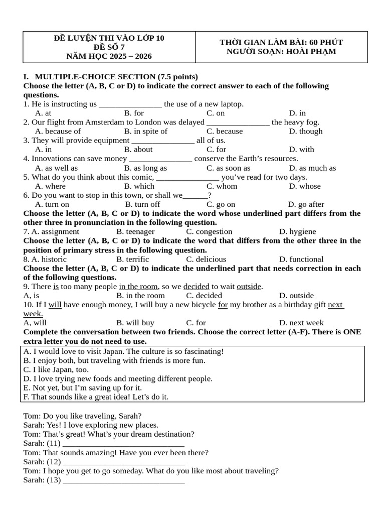 Practice Exam for 10th Grade Admission | PDF | Storms | Typhoon