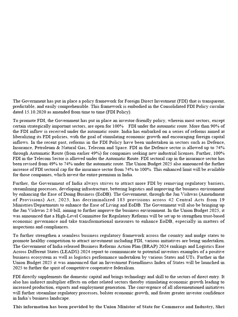 India’s Enhanced FDI Policy 2025 | PDF | Foreign Direct Investment ...