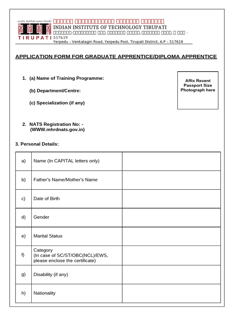 IIT Tirupati Apprentice Application Form | PDF