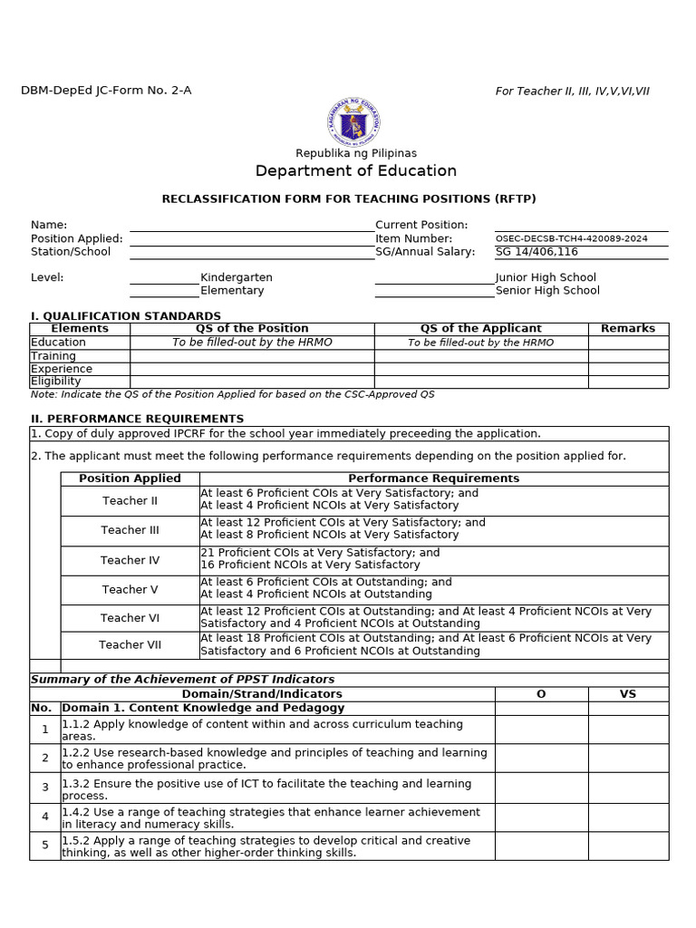 RFTP Reclassification Form for Teachers | PDF | Learning | Educational ...