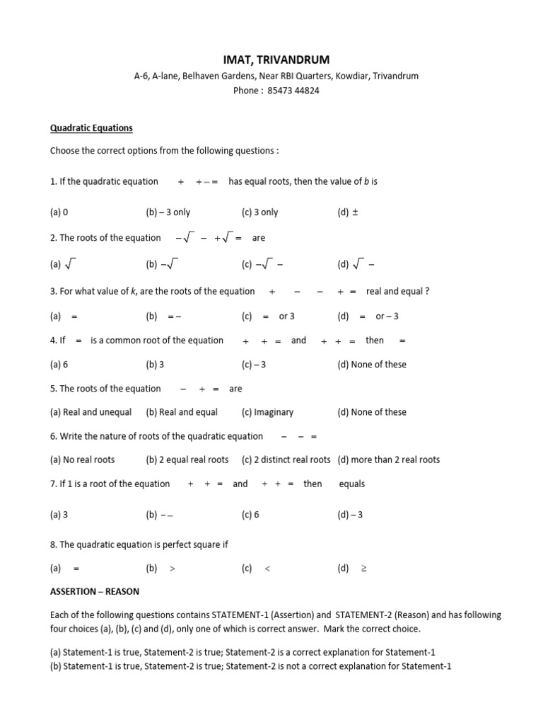 Quadratic Equations Practice Questions | PDF | Quadratic Equation ...