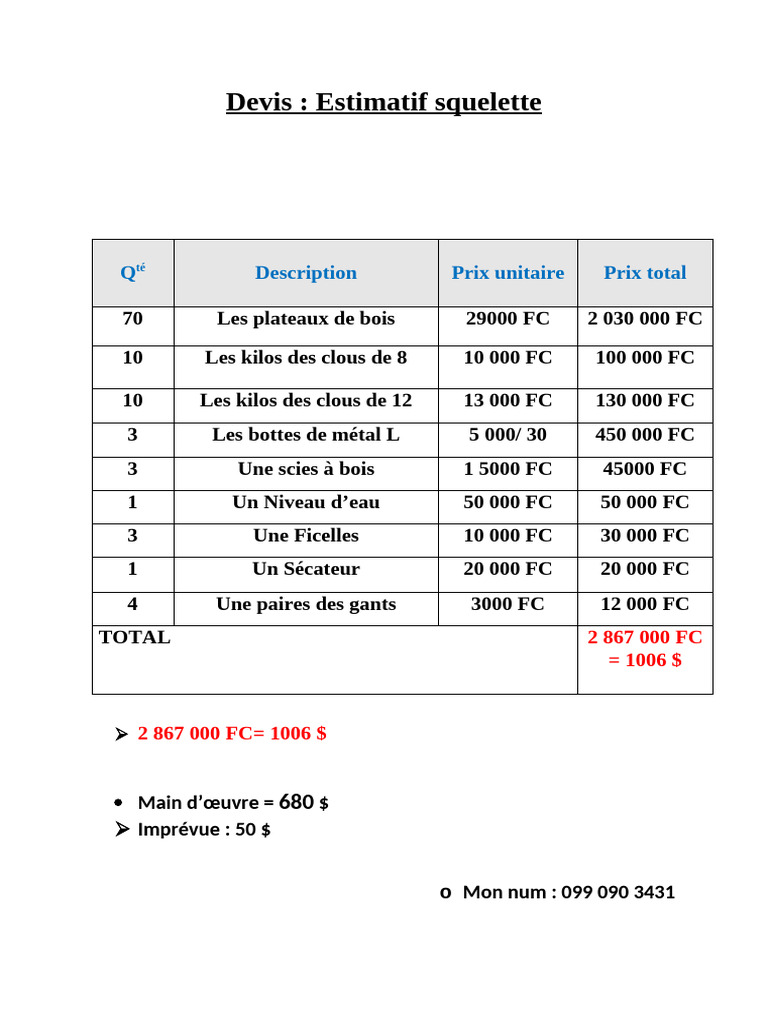 Devis estimatif pour matériaux de construction | PDF