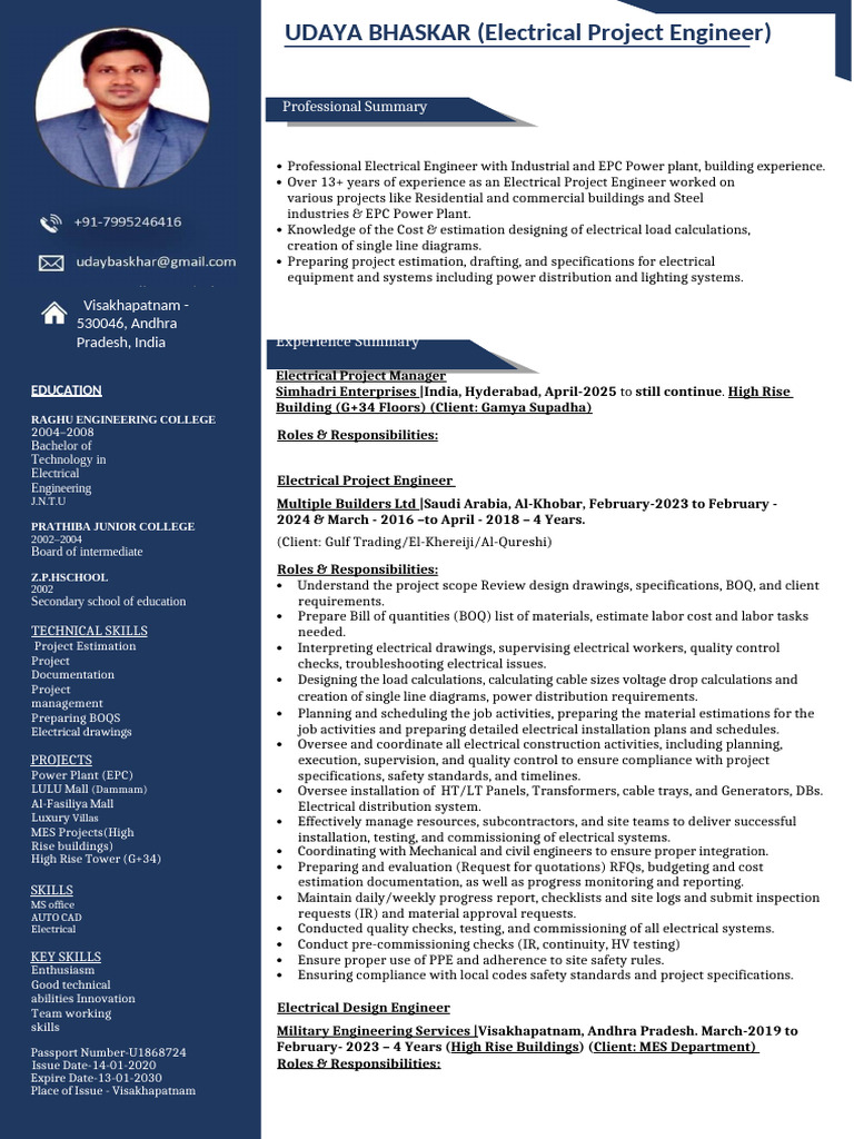 Electrical Project Engineer Resume | PDF | Transformer | Electrical ...