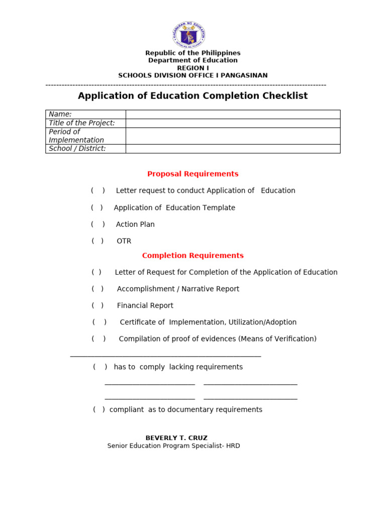 Education Completion Checklist Application | PDF