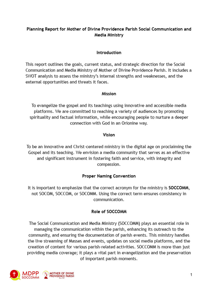 SOCCOMM Ministry Planning Report | PDF | Swot Analysis | Communication