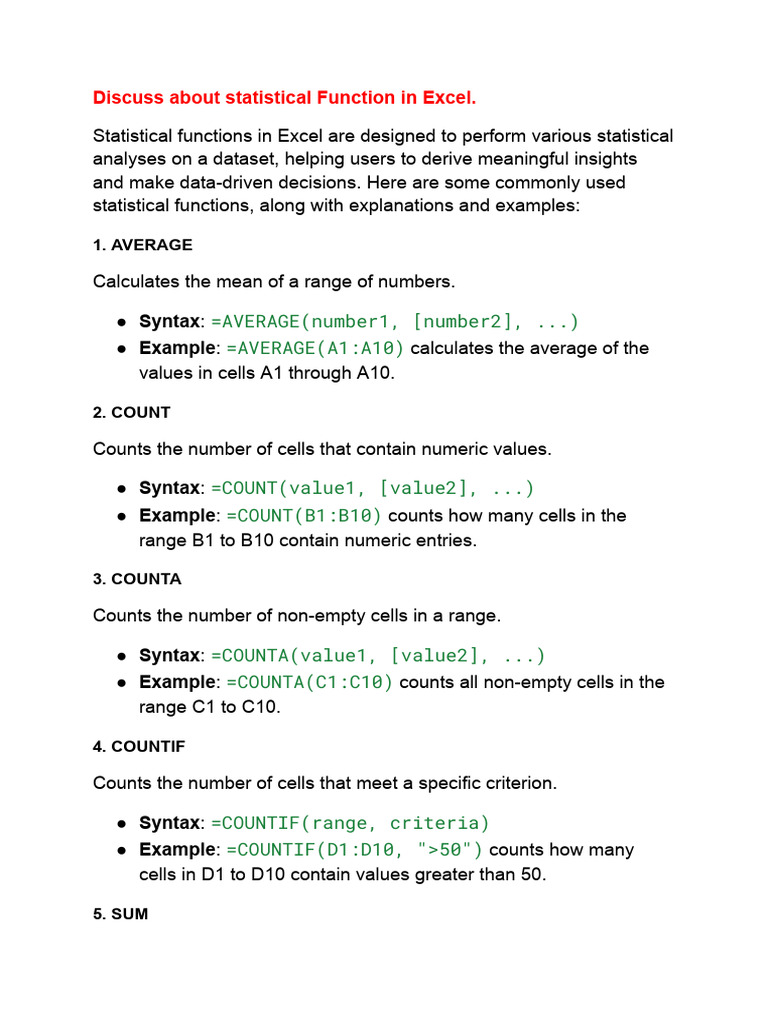 Excel Statistical Functions Guide | PDF | Standard Deviation | Mode ...