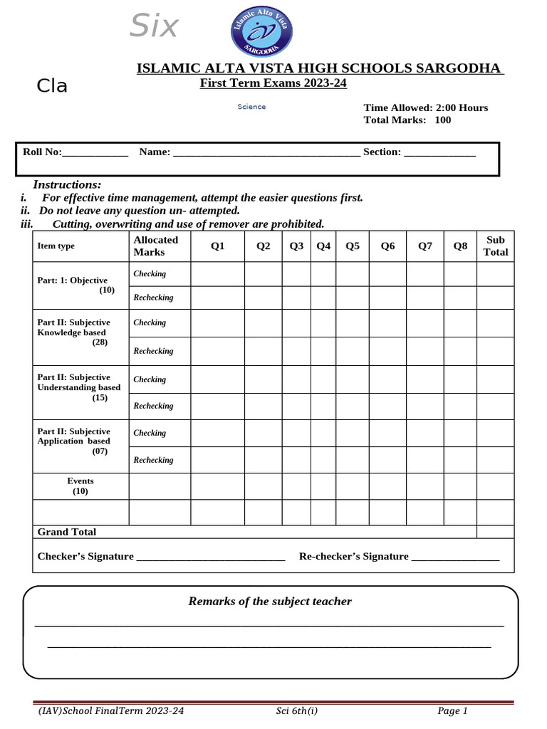 Class 6th Final Term Paper 2 | PDF