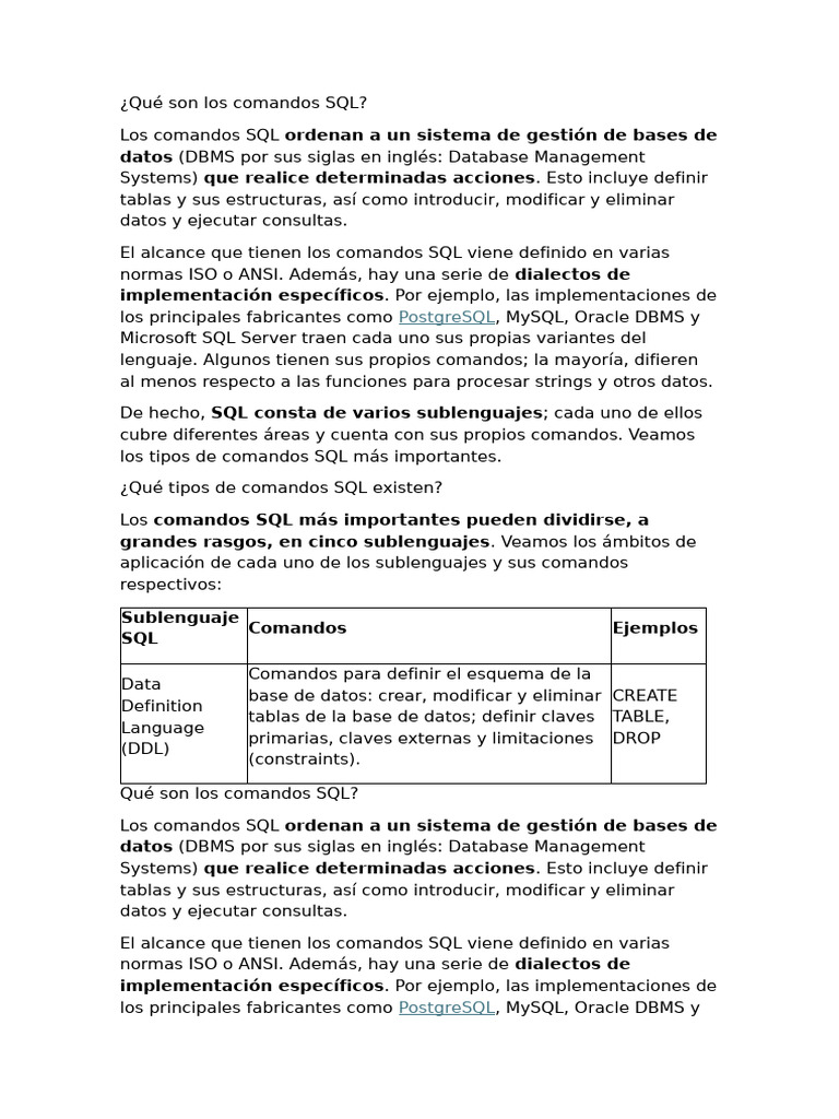 Tipos de comandos SQL explicados | PDF | SQL | Bases de datos