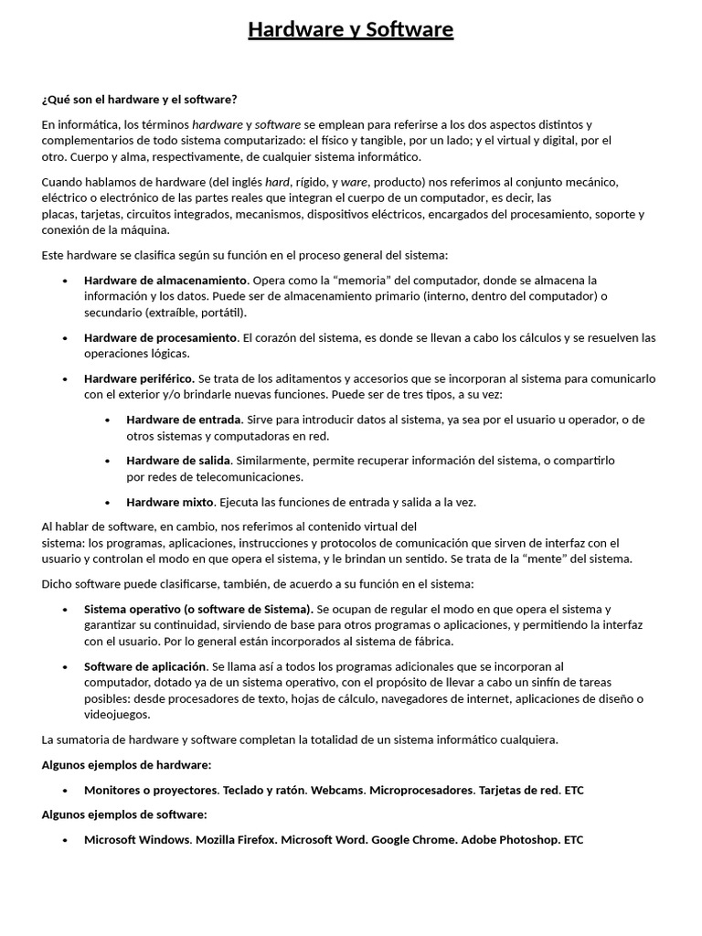 1) Hardware y Software | PDF | Periférico | Hardware de la computadora
