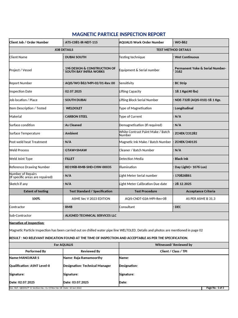 Dubai South Magnetic Inspection Report | PDF | Applied And ...