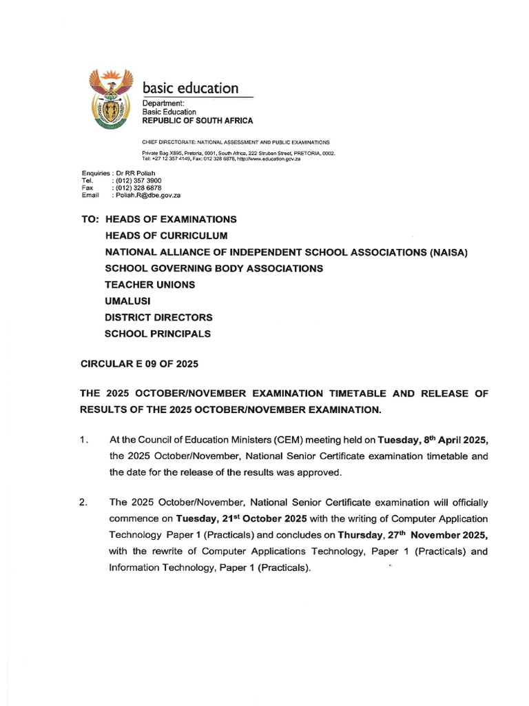 Circular E09 of 2025 The 2025 Oct-Nov ExaminatIon Timetable and Release ...