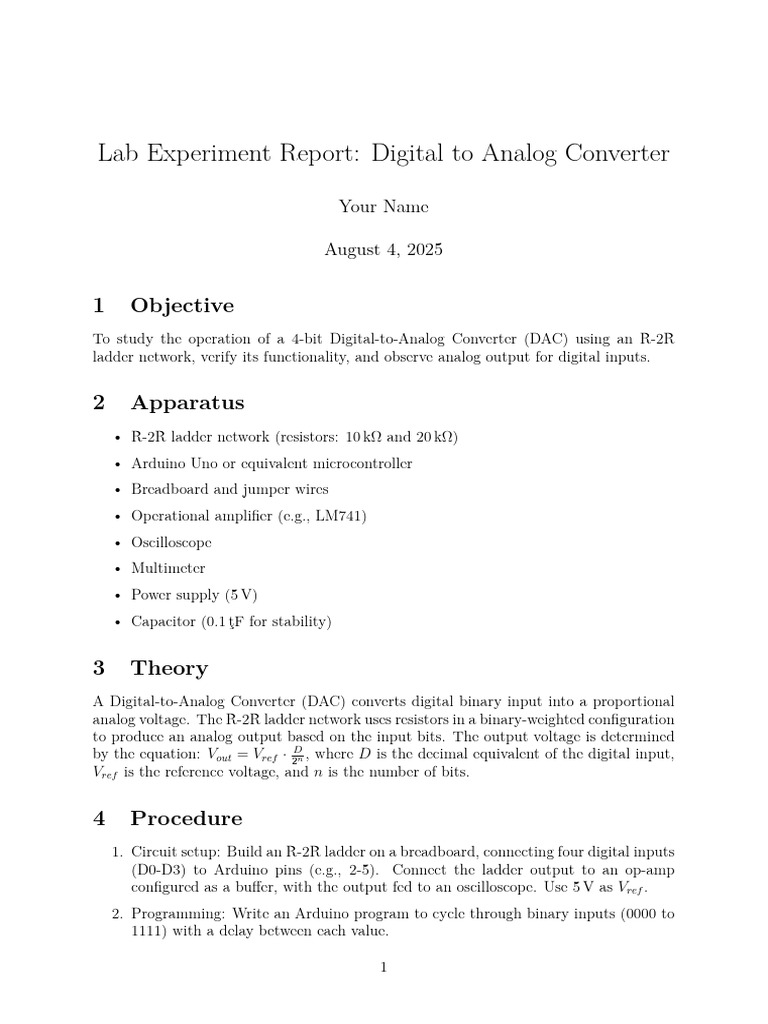 Lab Experiment Report: Digital To Analog Converter: 1 Objective | PDF ...