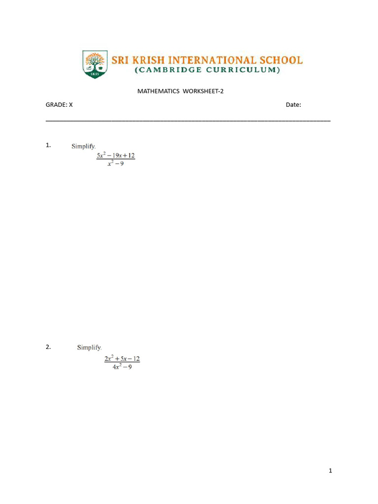 Grade X Mathematics Worksheet 2 | PDF