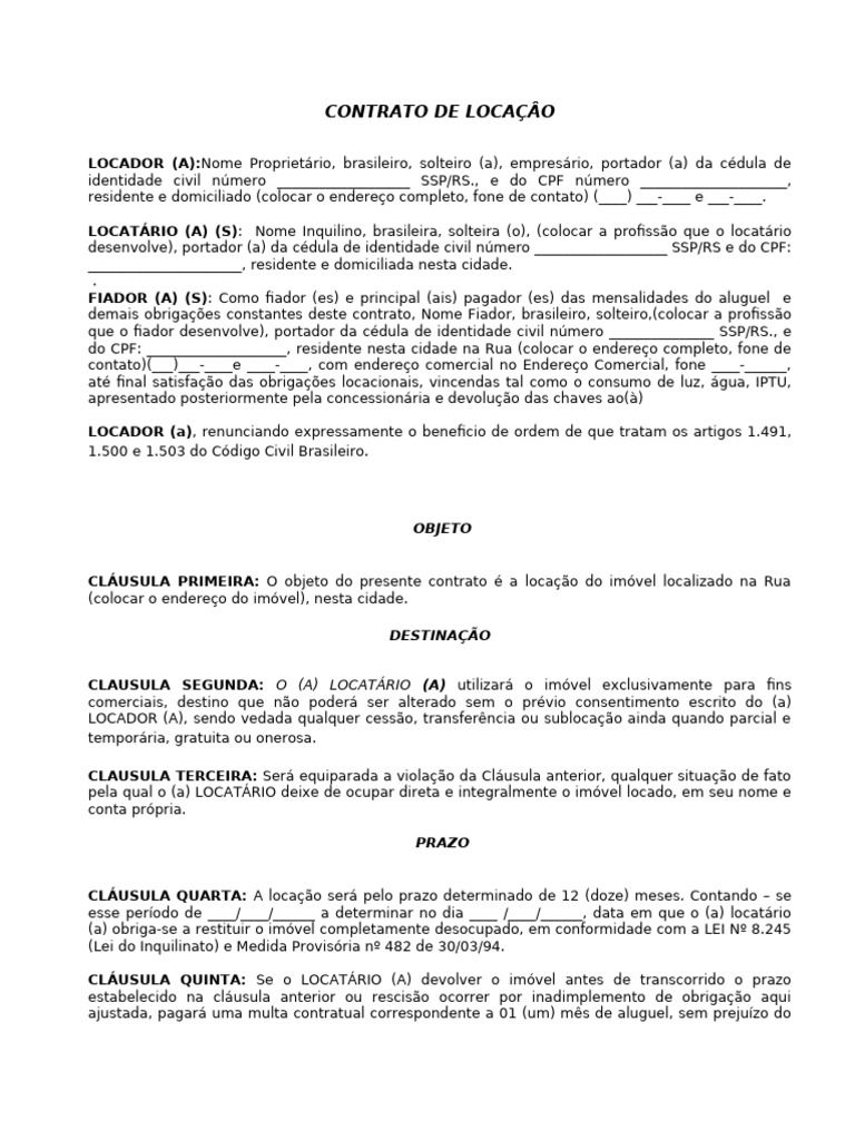 Modelo de Contrato de Locação Comercial | PDF | Aluguel | Consentimento