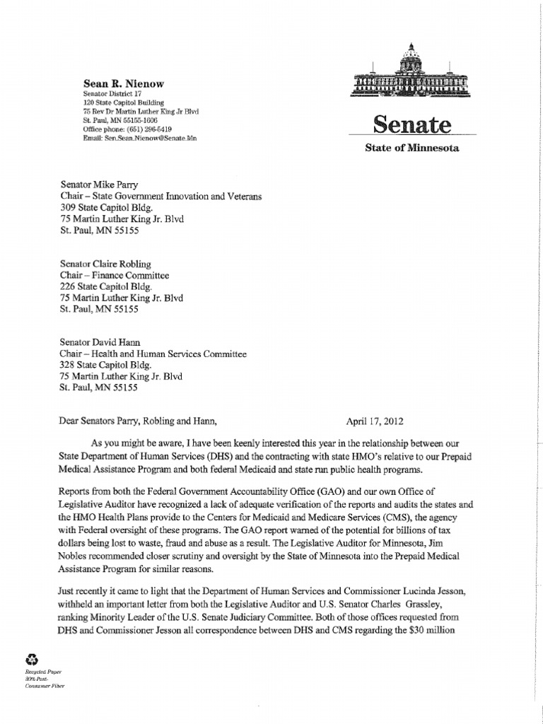Nienow Legislative Oversight Hearing Request Letter United States 