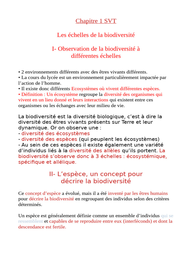 Biodiversité et Écosystèmes en SVT | PDF