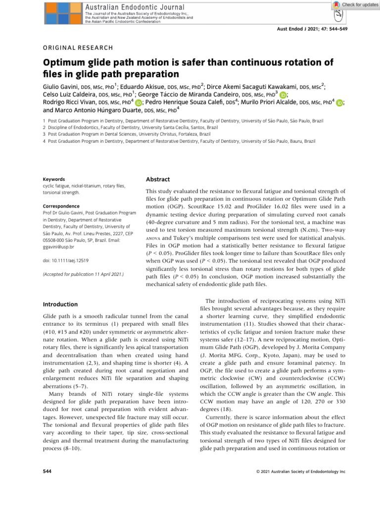Aust Endodontic J - 2021 - Gavini - Optimum Glide Path Motion is Safer ...
