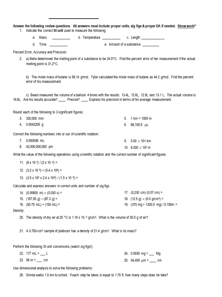 Honors Chemistry Unit 1 Review Guide | PDF | Significant Figures | Litre