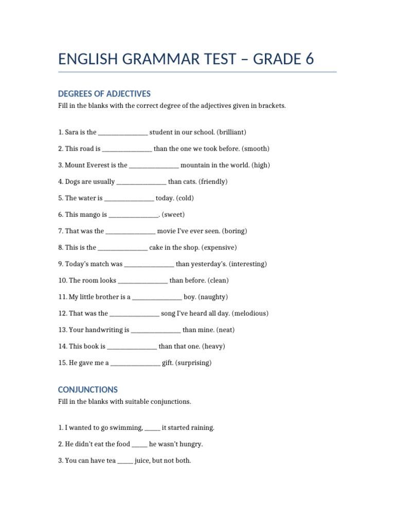 Grade 6 English Grammar Test Worksheet | PDF | Linguistics | Syntax