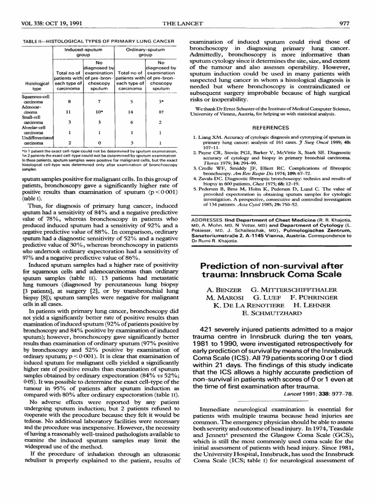 Prediction of Non-Survival After Innsbruck Coma: Scale | PDF | Lung ...