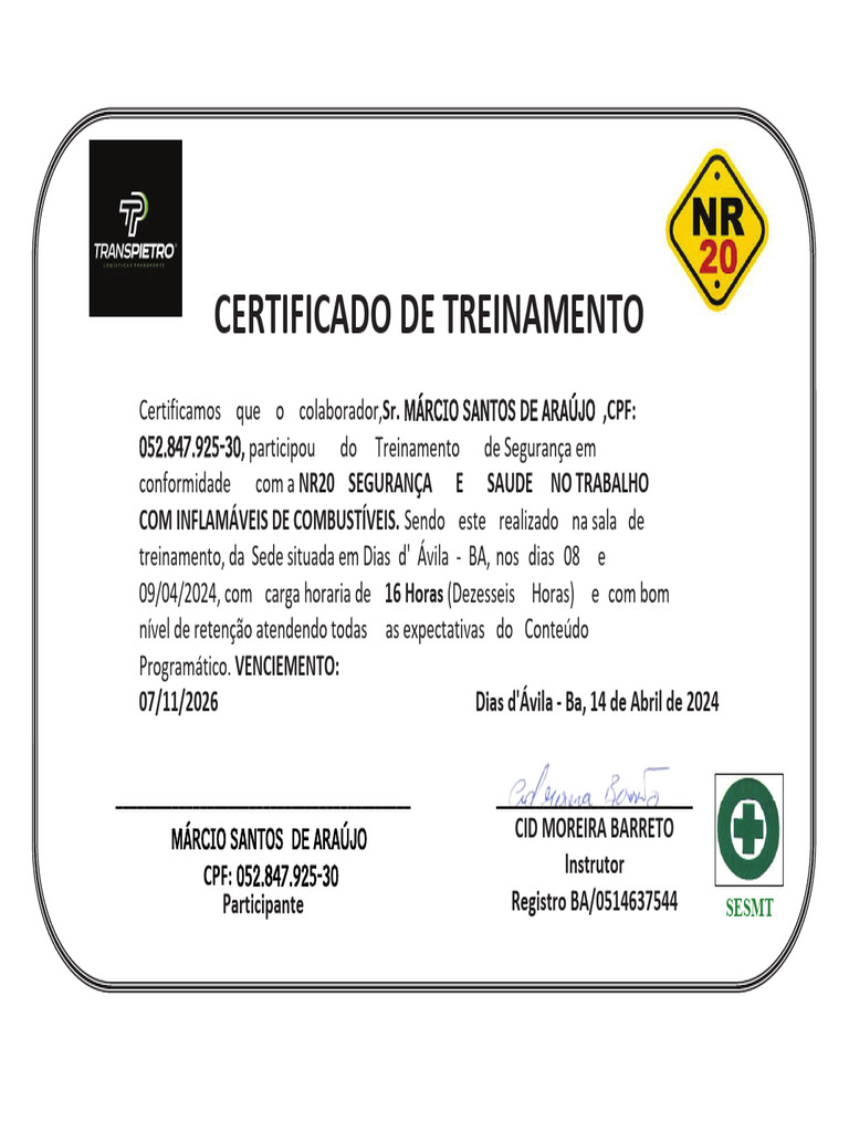 Certificado de Treinamento NR20 | PDF