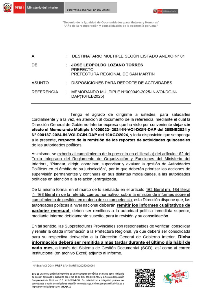 Memorando Multiple-000019-2025-Voi-Dgin-Pref-San Martin | PDF