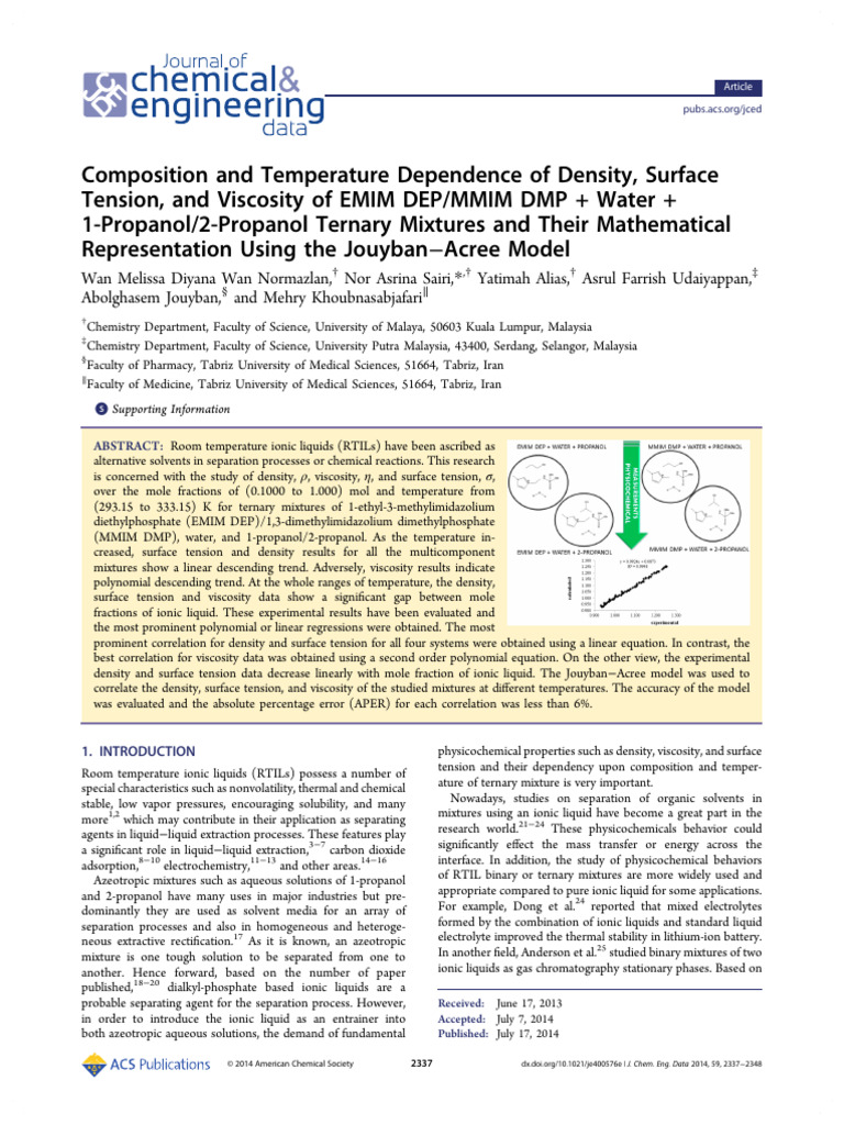 Density and Viscosity of Ionic Liquid Mixtures | PDF | Viscosity | Liquids