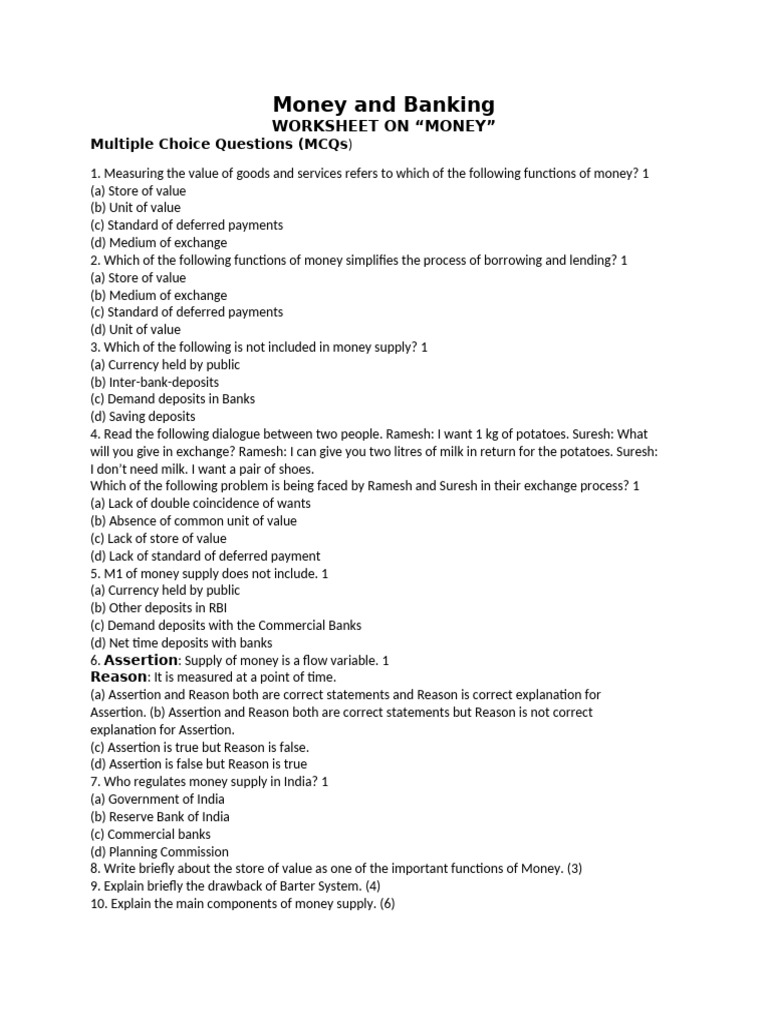 Money and Banking Worksheet | PDF | Money | Money Supply