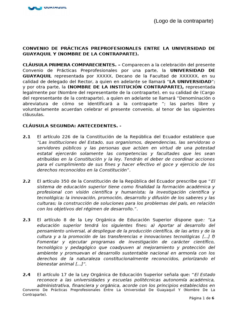 Nuevo Fomato de Convenio de Practicas Prefofesionales | PDF ...