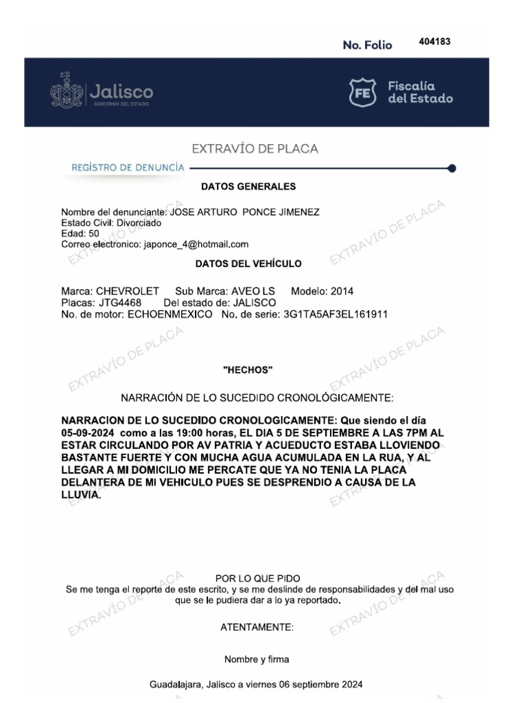 Reporte Extravio Placa | PDF