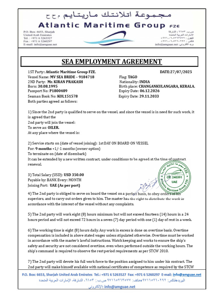 Oiler Employment Agreement Details | PDF | Sailor | Business
