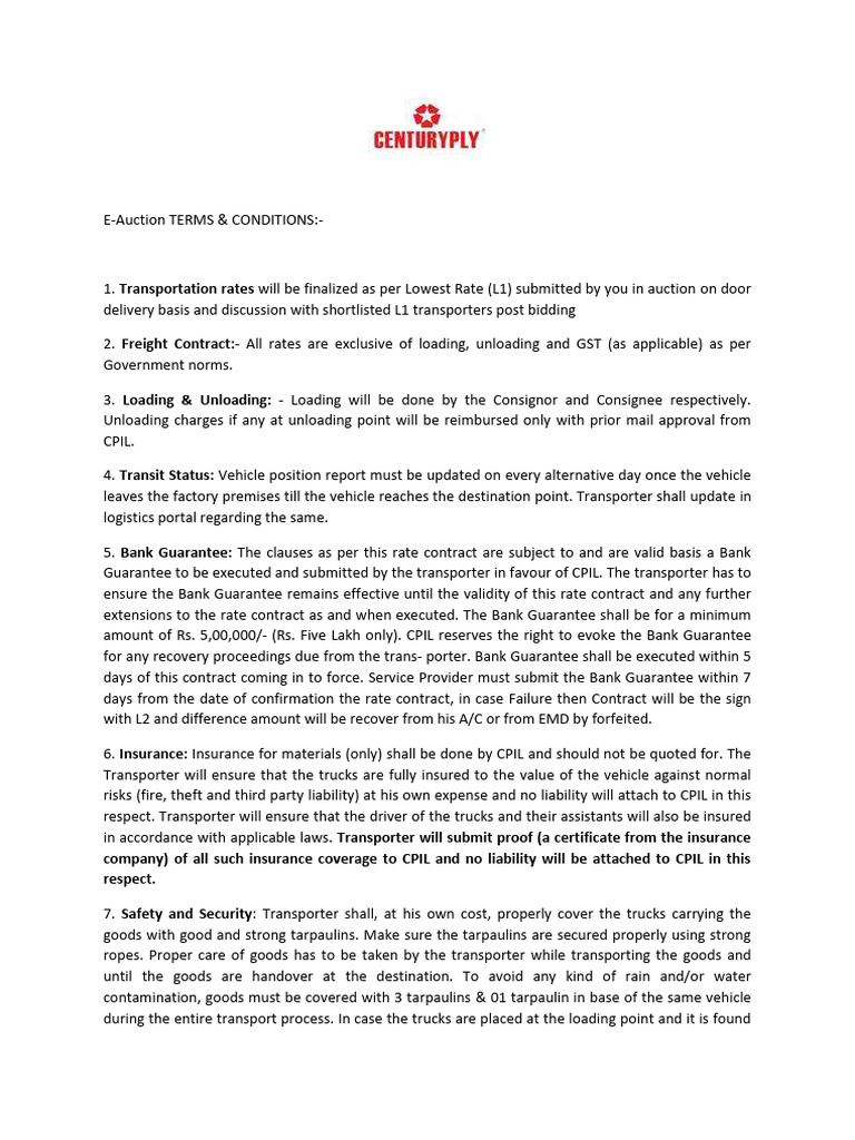 E-Auction Transport Terms & Conditions | PDF | Payments | Cargo