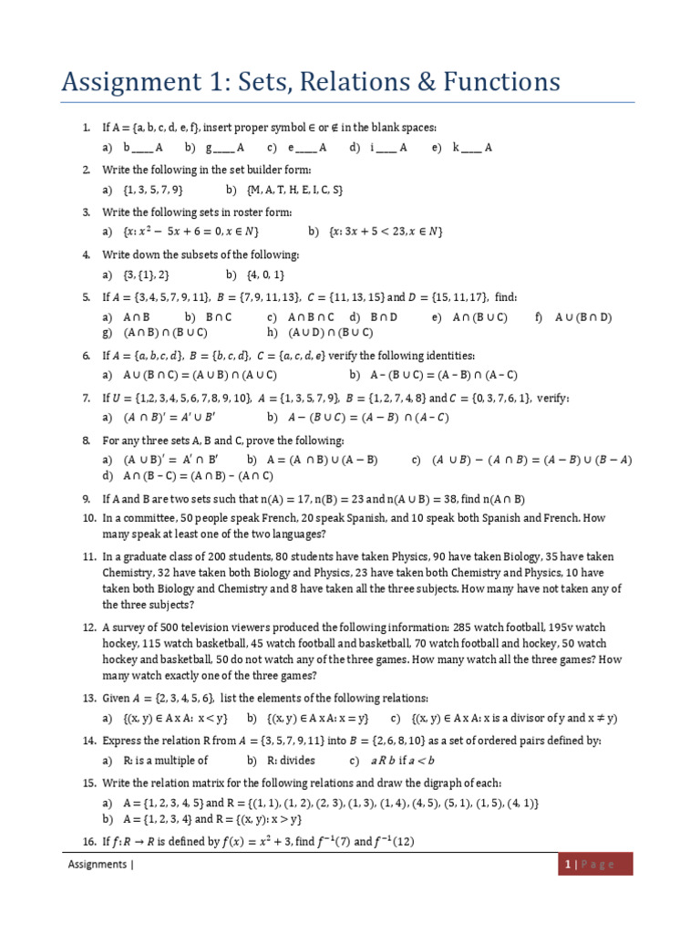 1-Sets Relations Functions | PDF | Function (Mathematics ...
