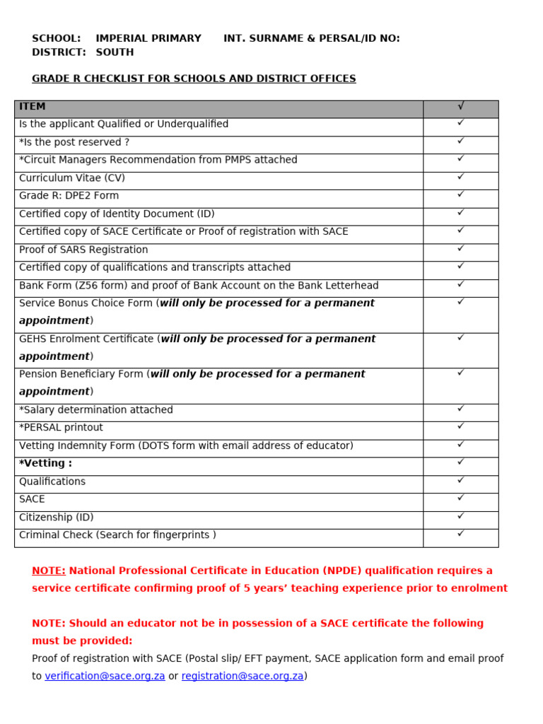 Grade R SACE Application Checklist | PDF | Government And Personhood ...