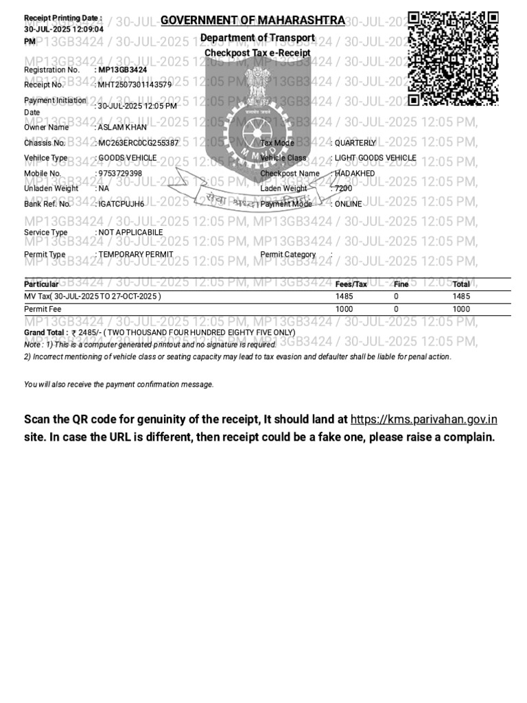 Maharashtra Checkpost Tax Receipt MP13GB3424 | PDF | Payments