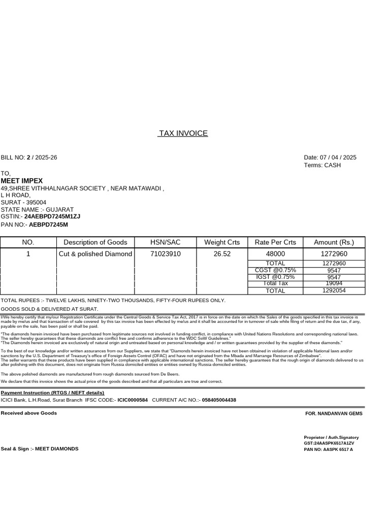 Tax Invoice for Polished Diamonds Sale | PDF | Invoice | Taxes