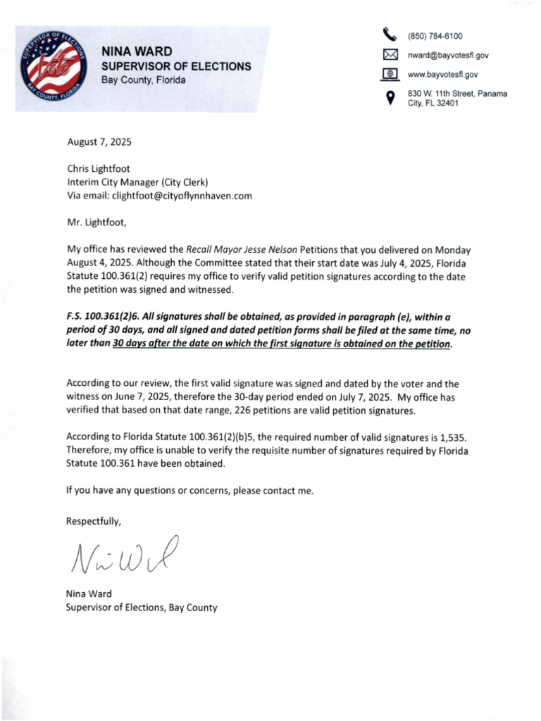 Recall Mayor Nelson Petition Status 080725 | PDF