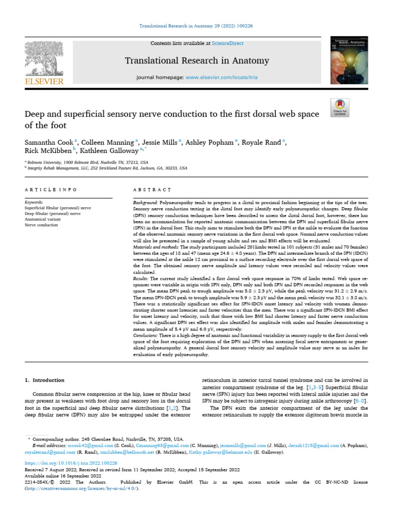 Nerve Conduction in First Dorsal Web Space | PDF | Ankle | Foot