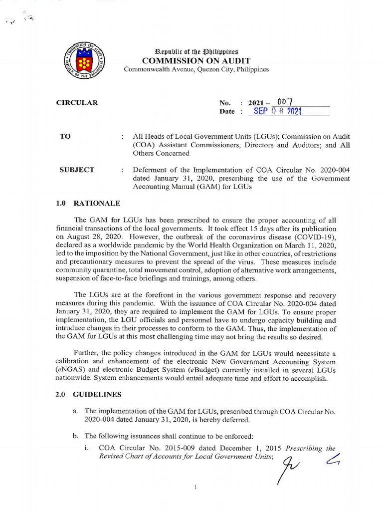 COA Circular No. 2021-007 - Deferment of LGAM | PDF