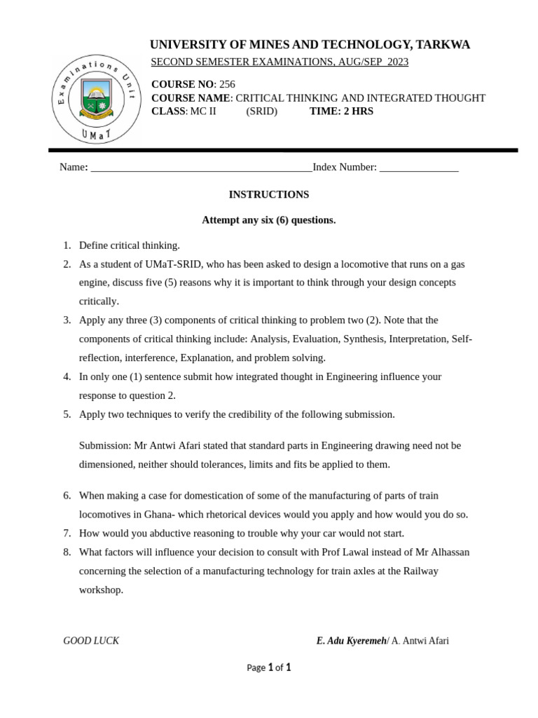 Critical Thinking Exam Guide for UMaT Students | PDF