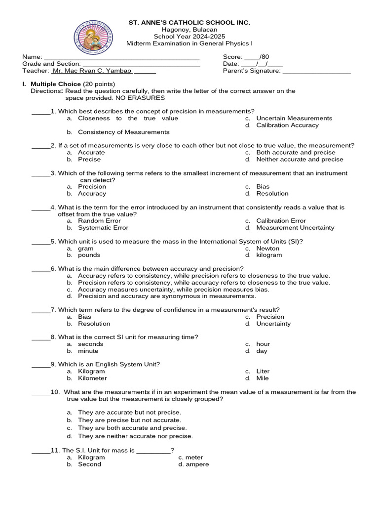 Midterm Exam: General Physics I 2024-2025 | PDF | Accuracy And ...