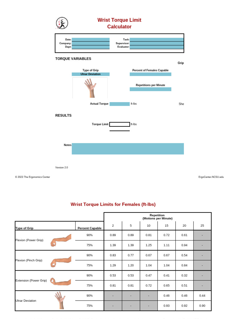 Female Wrist Torque Limits Calculator | PDF | Musculoskeletal System ...